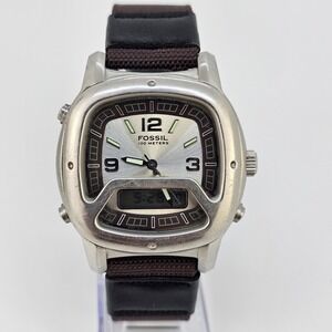VTG Fossil Watch Men Ana-Digi 41MM Gray Dial NEW Brown Nylon Bands NEW Battery